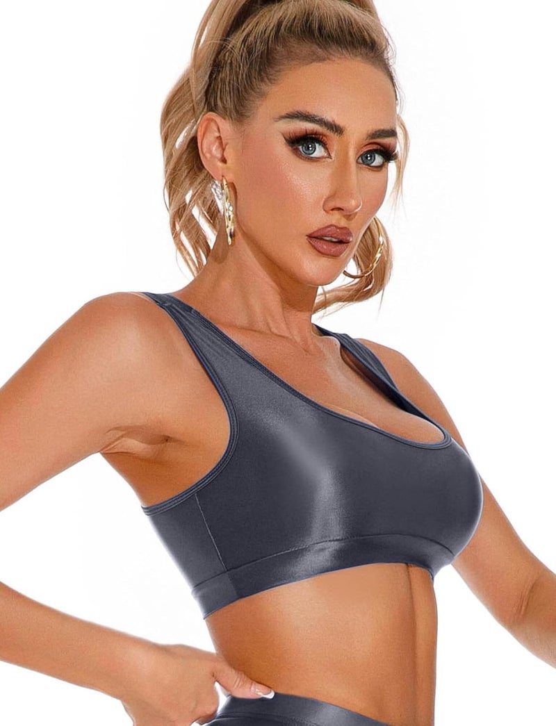 FEOYA Women’s Glossy Bras Oil Shiny Crop Tank Top Merallic Deep U Vest Tops for Club Party Cosplay - Image 5